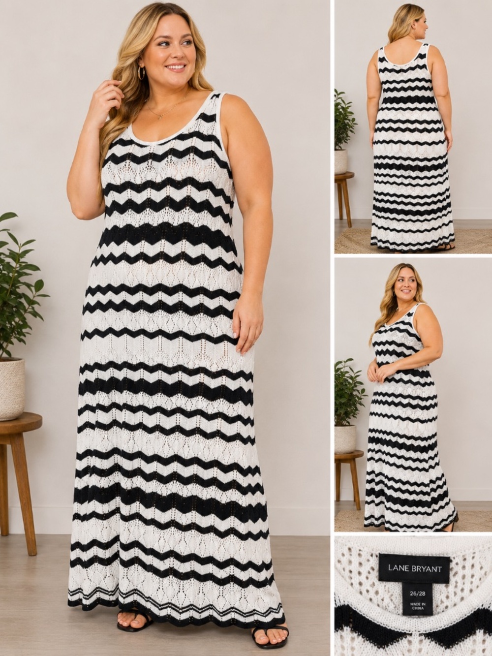 Lane Bryant Women's 26/28 Knit Sweater Dress Black White Chevron Pattern Maxi